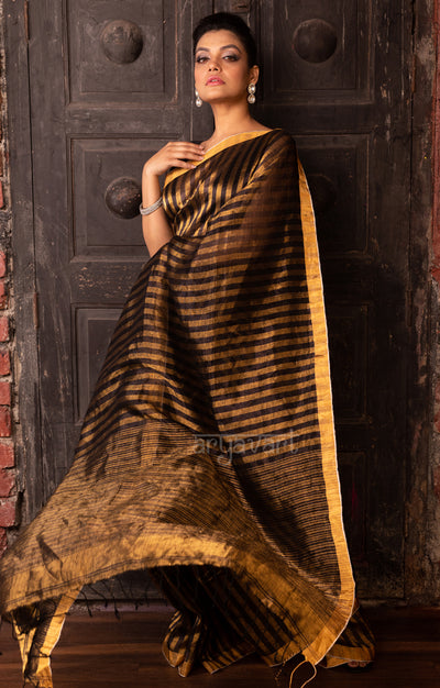 Stunning Gold & Black Stripped Tissue Linen Saree