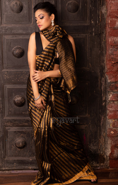 Stunning Gold & Black Stripped Tissue Linen Saree