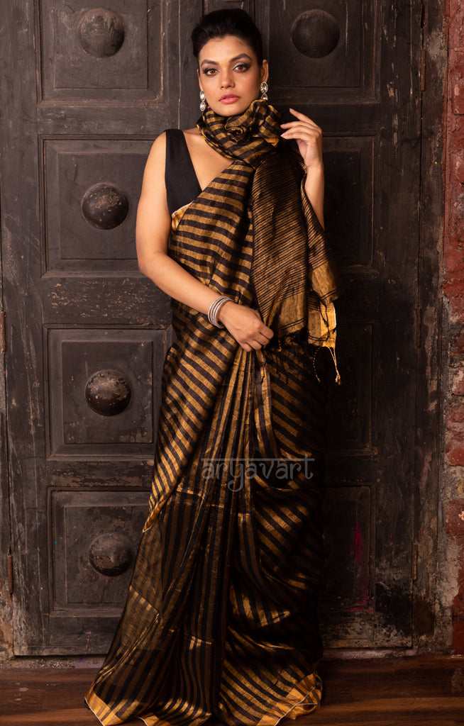 Stunning Gold & Black Stripped Tissue Linen Saree