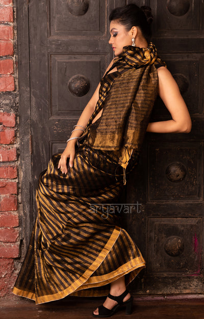 Stunning Gold & Black Stripped Tissue Linen Saree