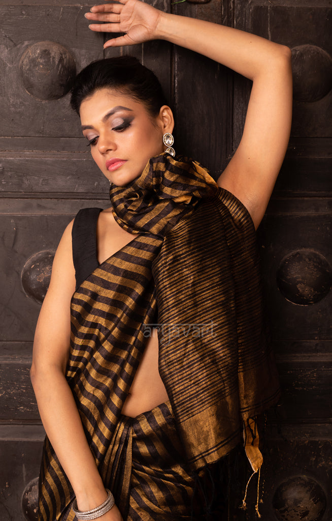 Stunning Gold & Black Stripped Tissue Linen Saree