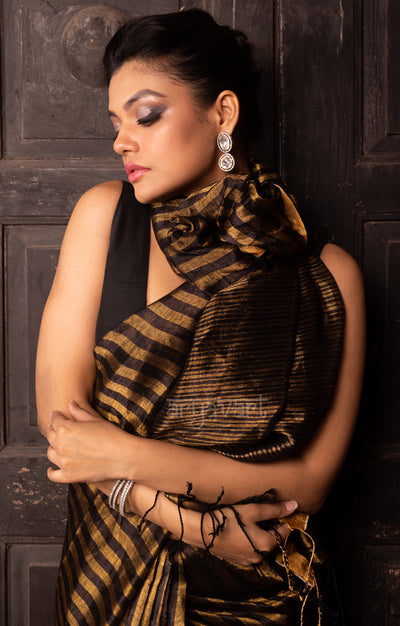 Stunning Gold & Black Stripped Tissue Linen Saree