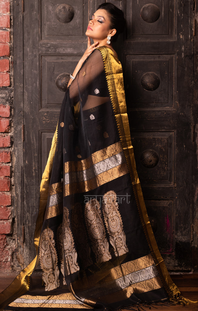 Stunning Black Silk Saree with Jamdani Woven Design