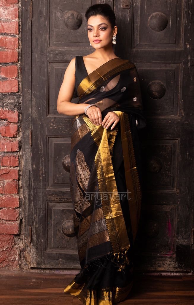 Stunning Black Silk Saree with Jamdani Woven Design