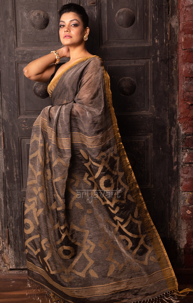 Slate Grey Tissue Linen Saree With Ghicha Jamdani Woven Design