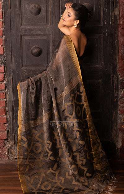 Slate Grey Tissue Linen Saree With Ghicha Jamdani Woven Design