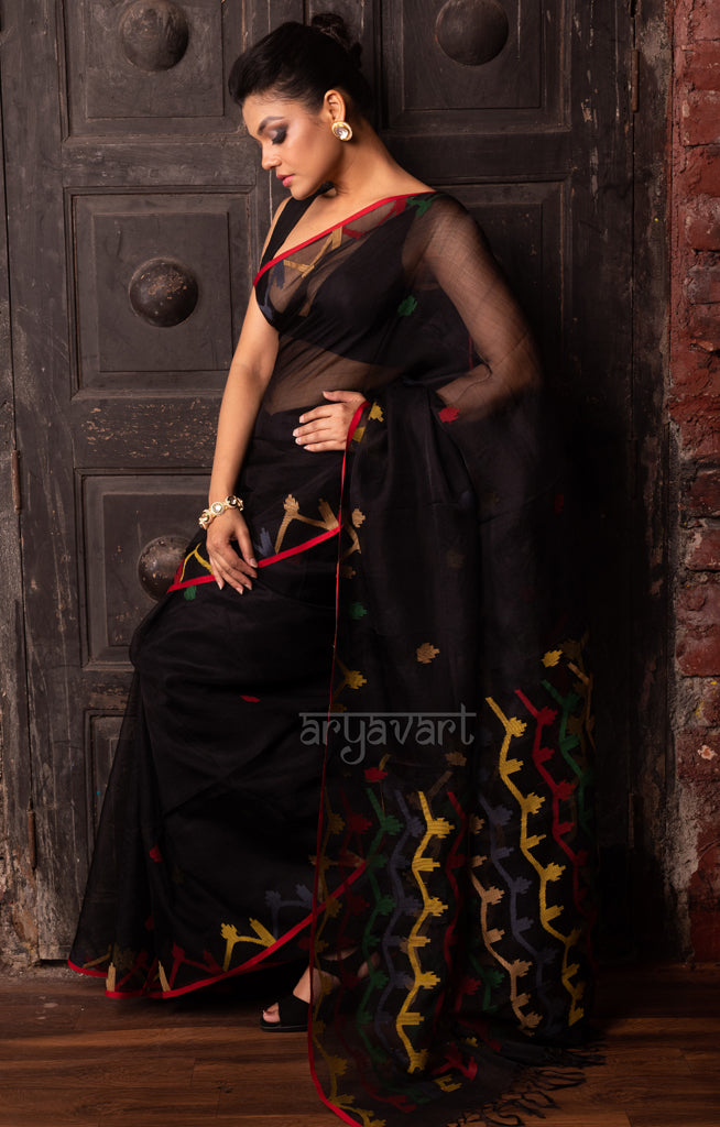 Black Matka Silk Saree with Multi Coloured Jamdani Design