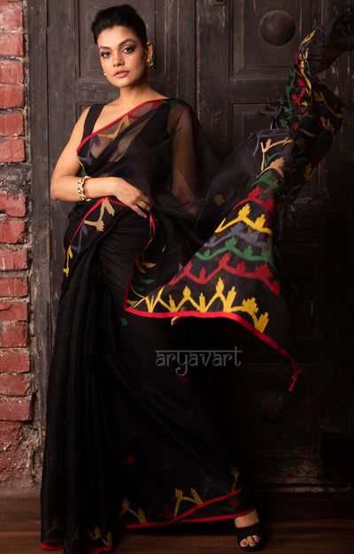 Black Matka Silk Saree with Multi Coloured Jamdani Design