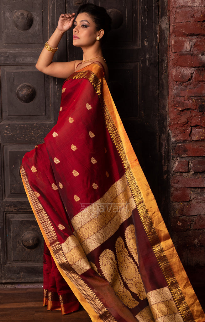Striking Maroon Silk Saree with Jamdani Woven Design