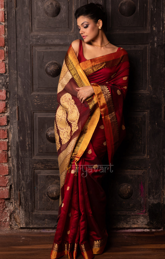 Striking Maroon Silk Saree with Jamdani Woven Design