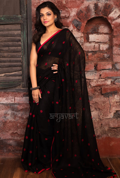 Black Linen Saree With Red Woven Polka dots