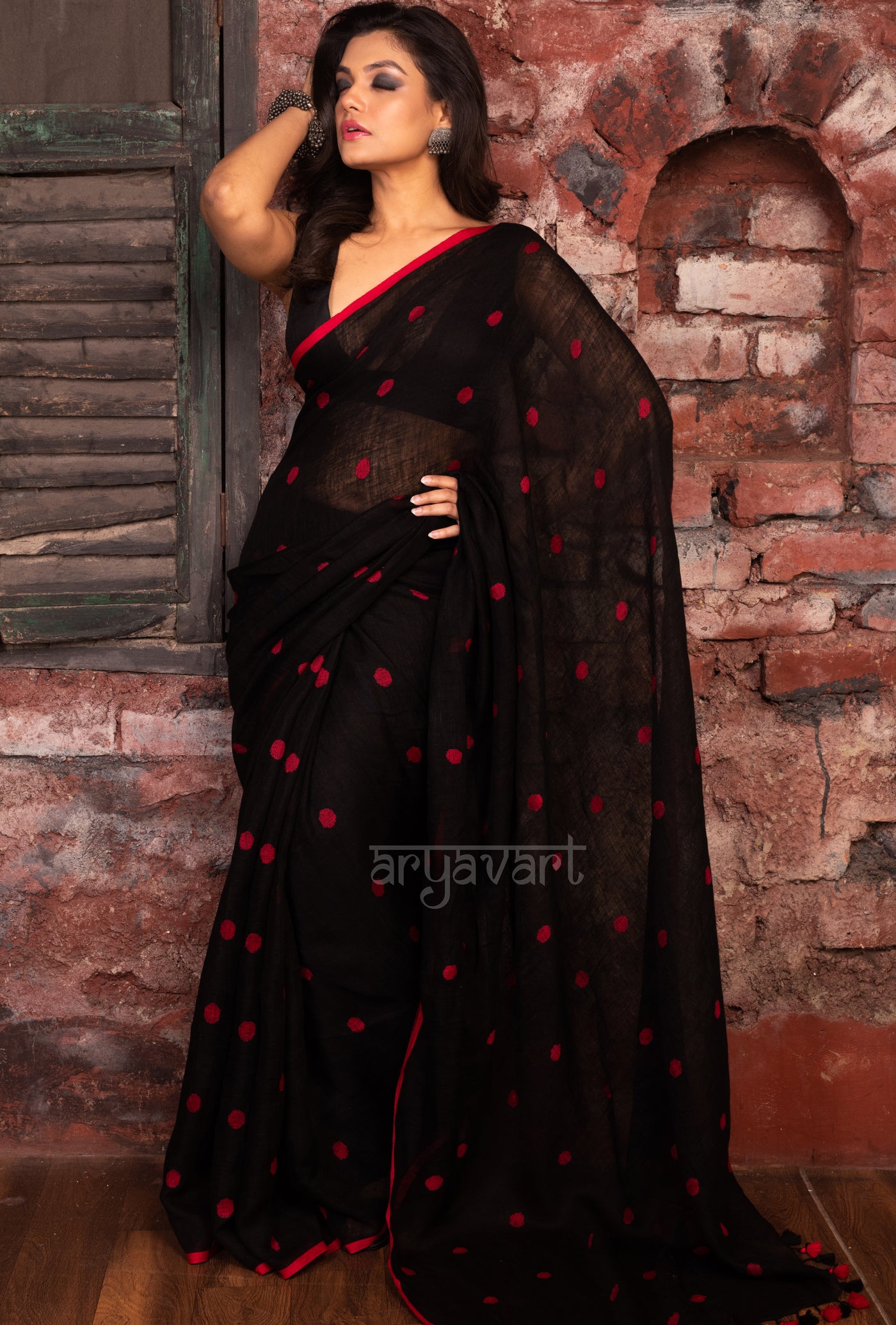 Black Linen Saree With Red Woven Polka dots