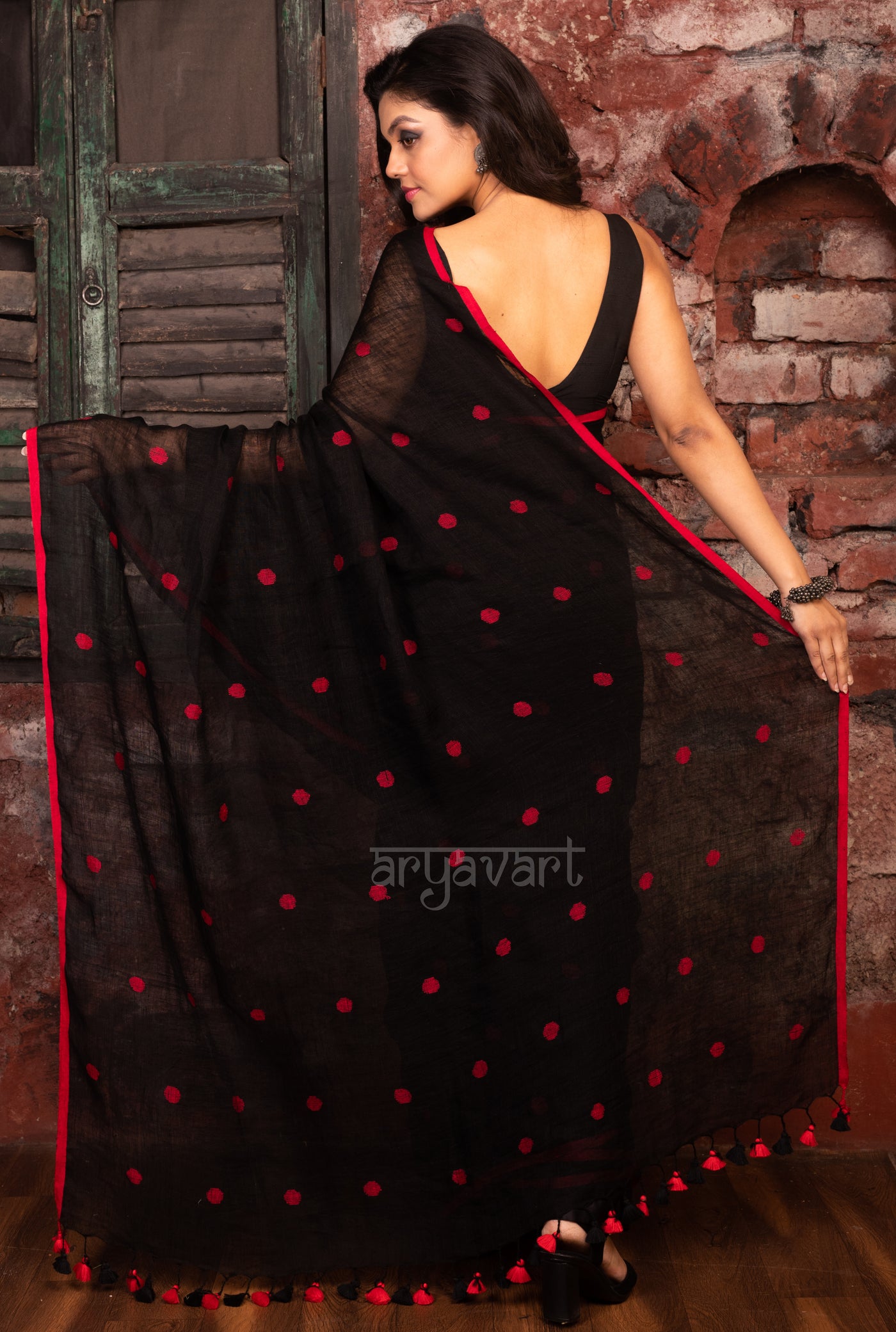 Black Linen Saree With Red Woven Polka dots