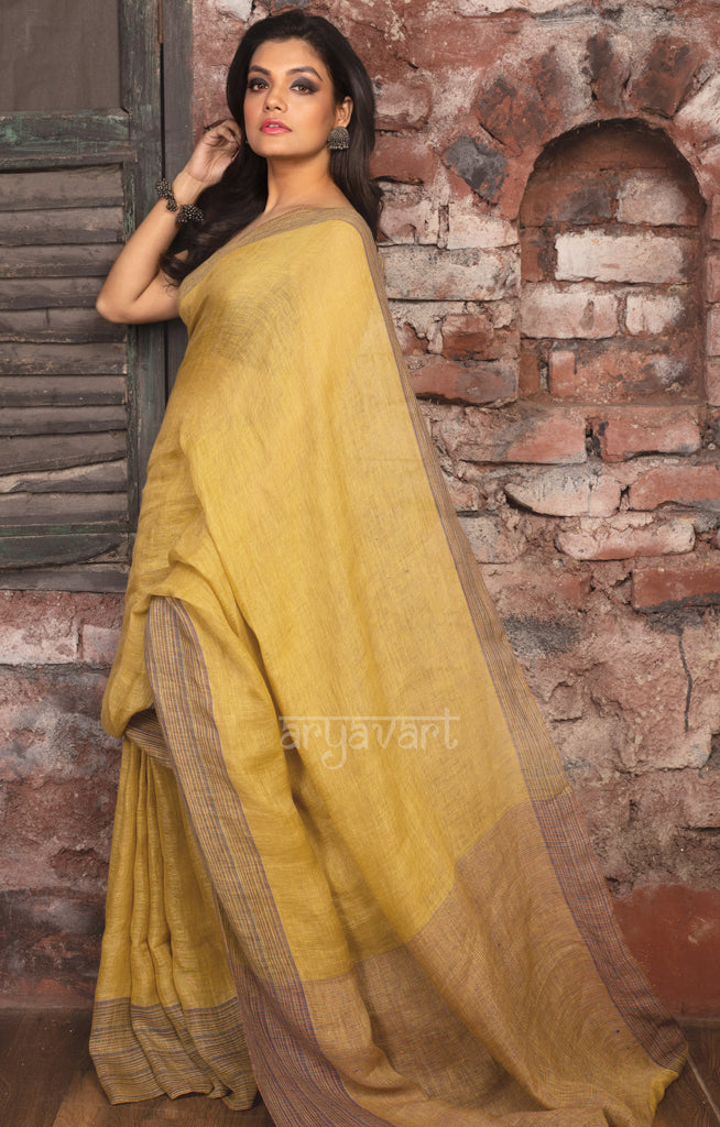 Mustard Yellow Linen Saree With Multi Coloured Woven Boarder