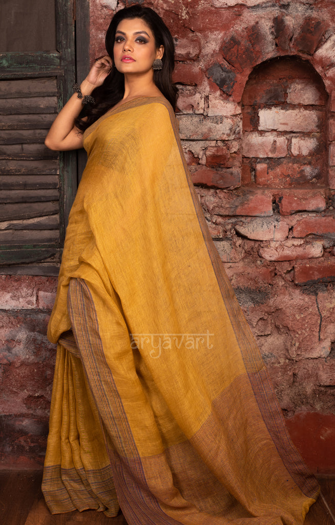 Honey Mustard Yellow Linen Saree With Multi Coloured Woven Border