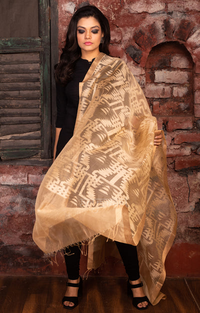 Stunning Beige Matka Silk Dupatta With Woven Jamdani Designs