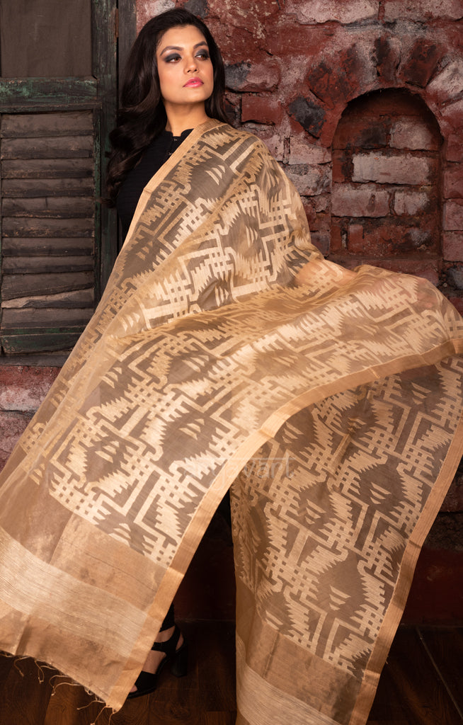 Stunning Beige Matka Silk Dupatta With Woven Jamdani Designs