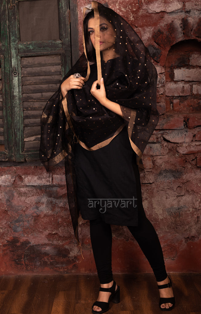 Black Silk Dupatta With Stunning Woven in Sequence