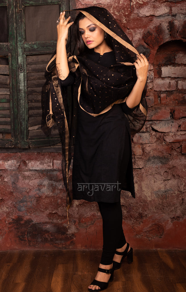 Black Silk Dupatta With Stunning Woven in Sequence