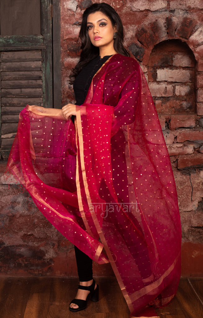 Fuchsia Pink Silk Dupatta With Stunning Woven in Sequence