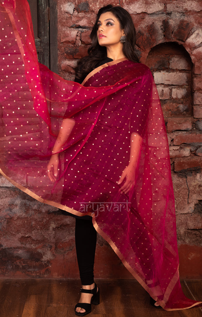 Fuchsia Pink Silk Dupatta With Stunning Woven in Sequence