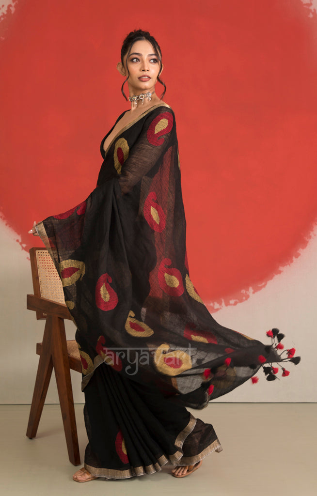 Black Linen Saree With Jamdani Paisley Woven Design