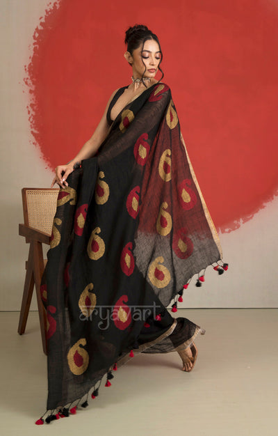 Black Linen Saree With Jamdani Paisley Woven Design