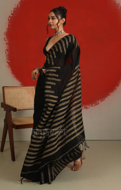 Black Linen Saree With Ghicha Woven Design