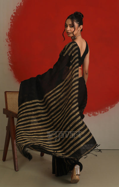 Black Linen Saree With Ghicha Woven Design