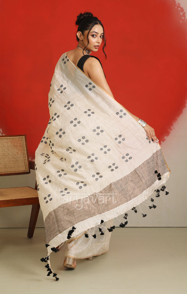 Pearl White Tussar Silk With Black Woven Jamdani Buttas