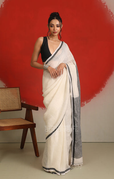 Sparkling White Linen Saree with Black Border