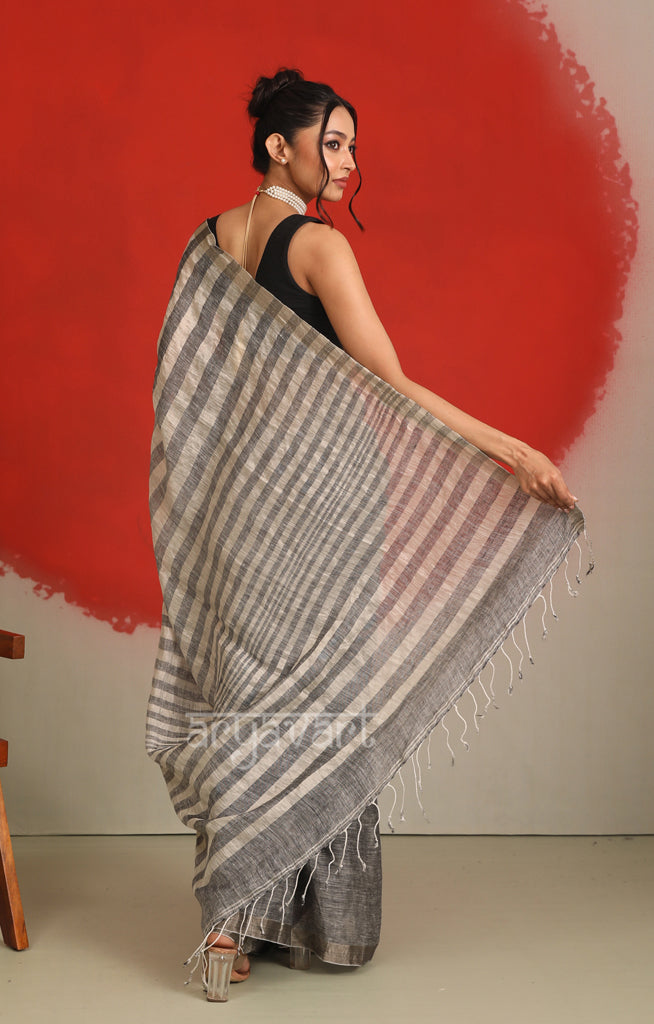 Ash Grey Linen Saree with White Stripped Design