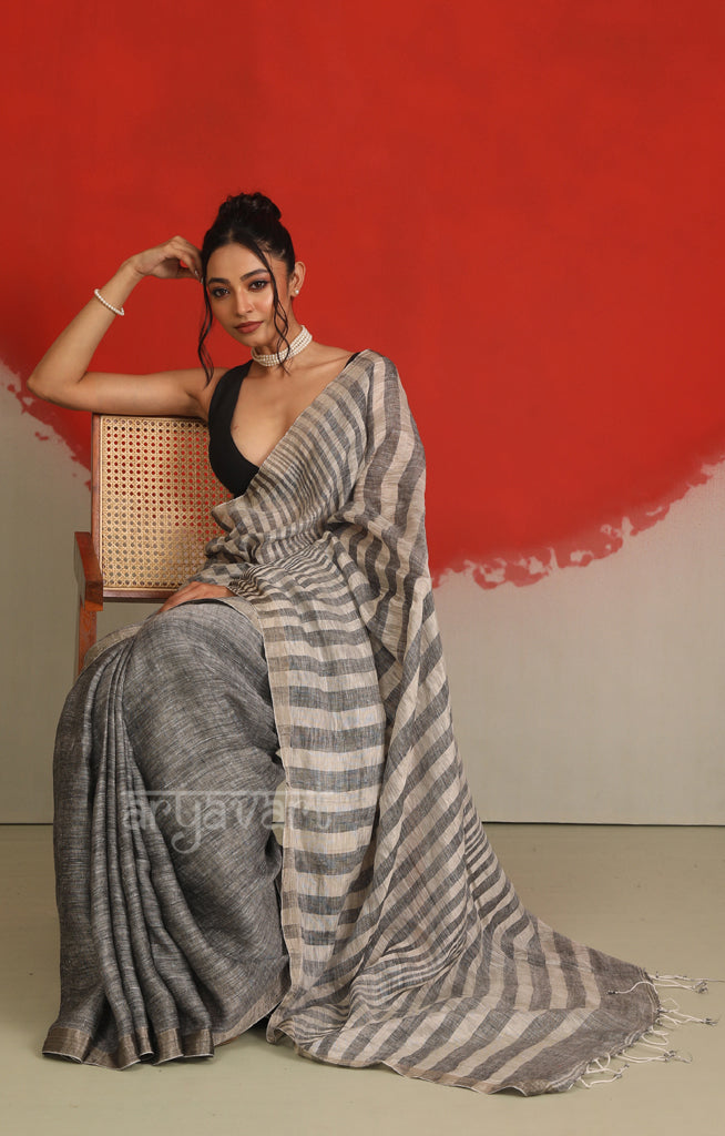 Ash Grey Linen Saree with White Stripped Design