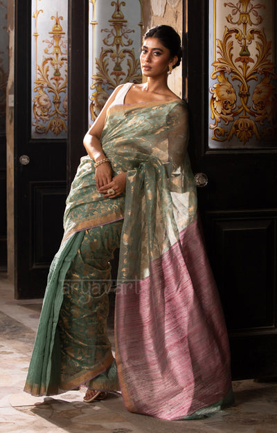 Fern Green Matka Silk Saree With Striking Jaal Jamdani Design in Zari