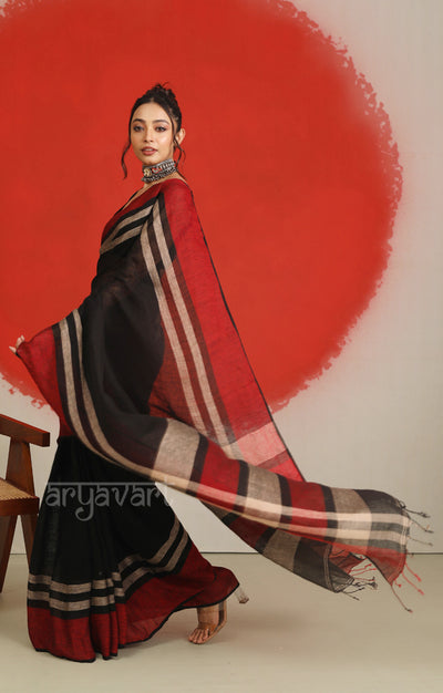 Black Linen Saree with a Striking Red Border