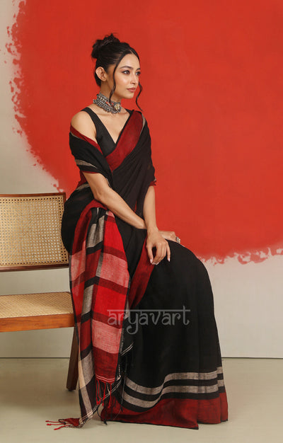 Black Linen Saree with a Striking Red Border