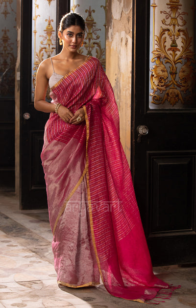 Pink & Magenta Tissue Linen Saree with Line Design is Pallu