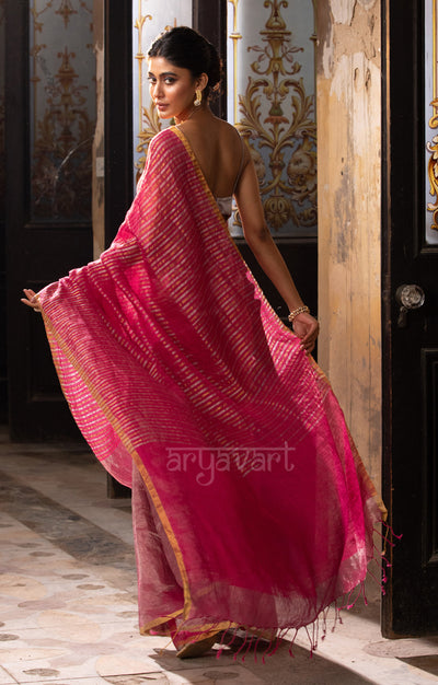 Pink & Magenta Tissue Linen Saree with Line Design is Pallu