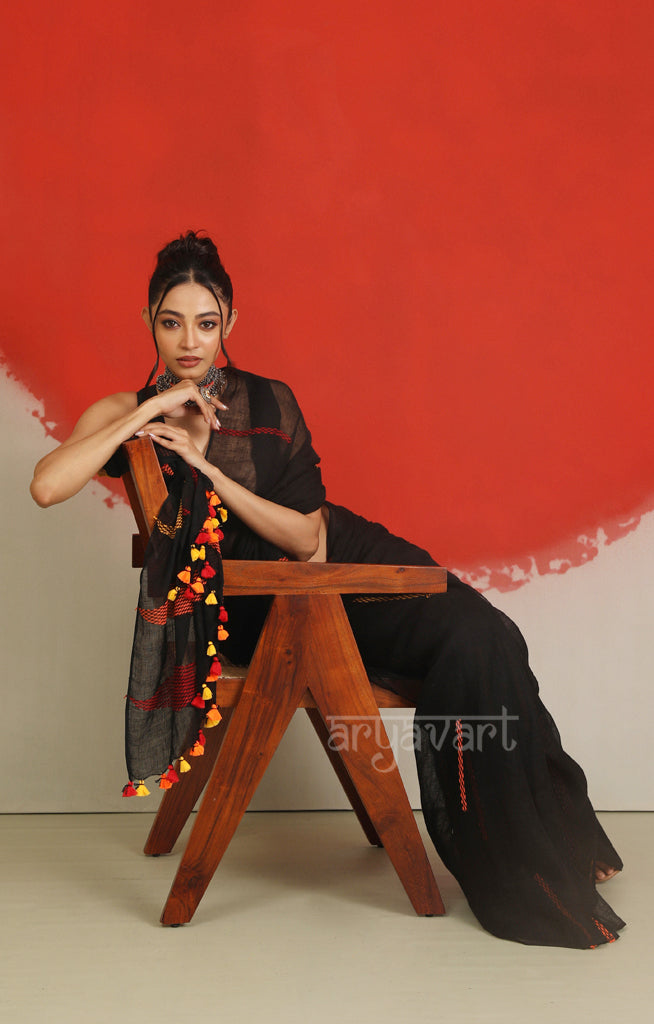 Black Linen Saree with Woven Colourful Jamdani Design