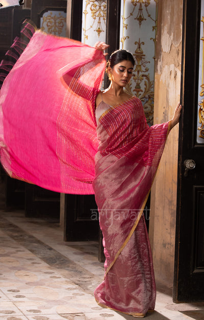 Pink & Magenta Tissue Linen Saree with Line Design is Pallu