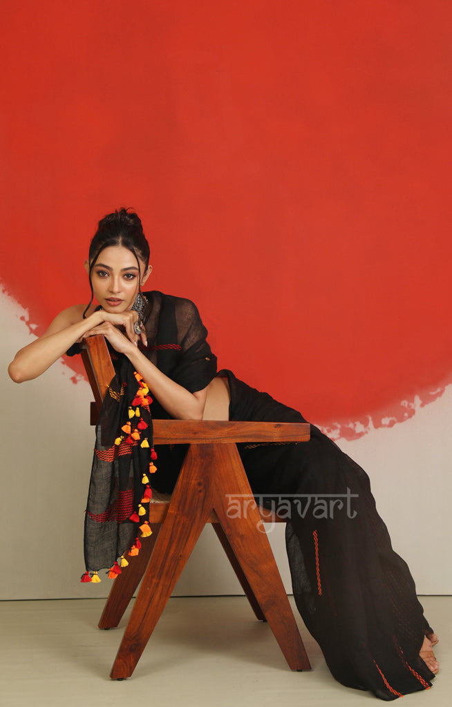 Black Linen Saree with Woven Colourful Jamdani Design