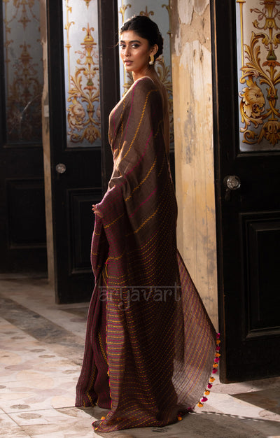 Chestnut Brown Linen Saree with Stitch Design