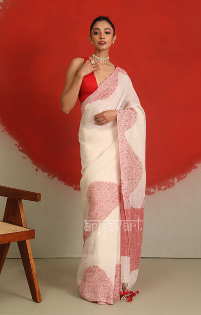 White Linen Saree with A Striking Red Border