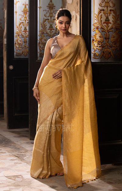 Amber Yellow Tissue Linen Saree with Line Design is Pallu