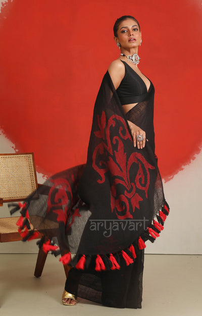 Black Linen saree With Red jamdani Woven Motifs