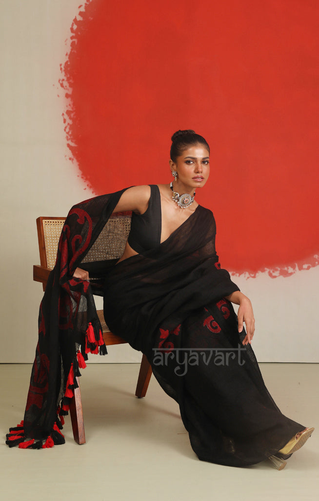 Black Linen saree With Red jamdani Woven Motifs