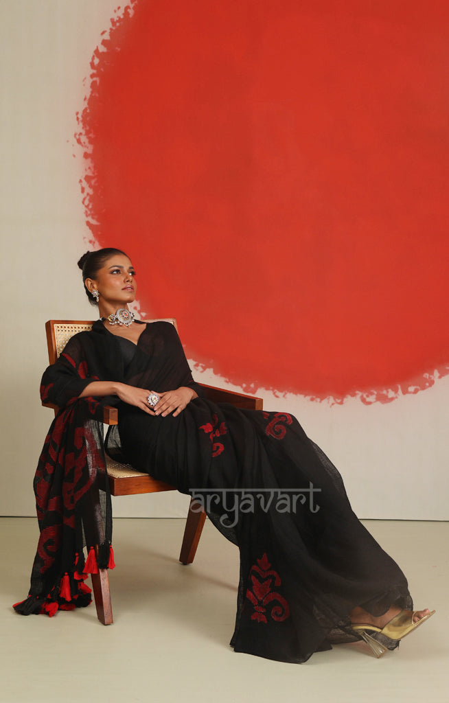 Black Linen saree With Red jamdani Woven Motifs