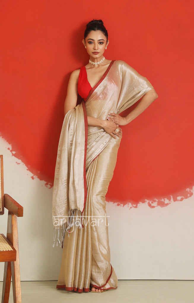 Champagne Tissue Cotton saree With A Thin Red Border