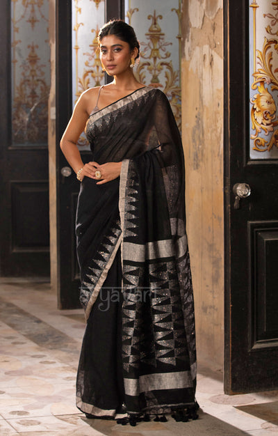 Black Linen Saree With Geometric Jamdani Work in Pallu & woven in sequence