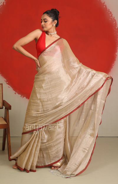 Champagne Tissue Cotton saree With A Thin Red Border